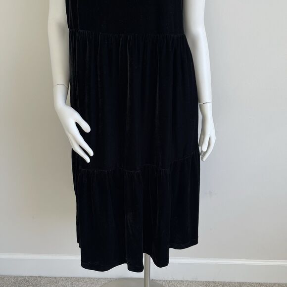 J Crew Sz 8 Black Velvet Tiered Midi Dress Ruffle Neck & Sleeve Stretch Pockets - Picture 6 of 13
